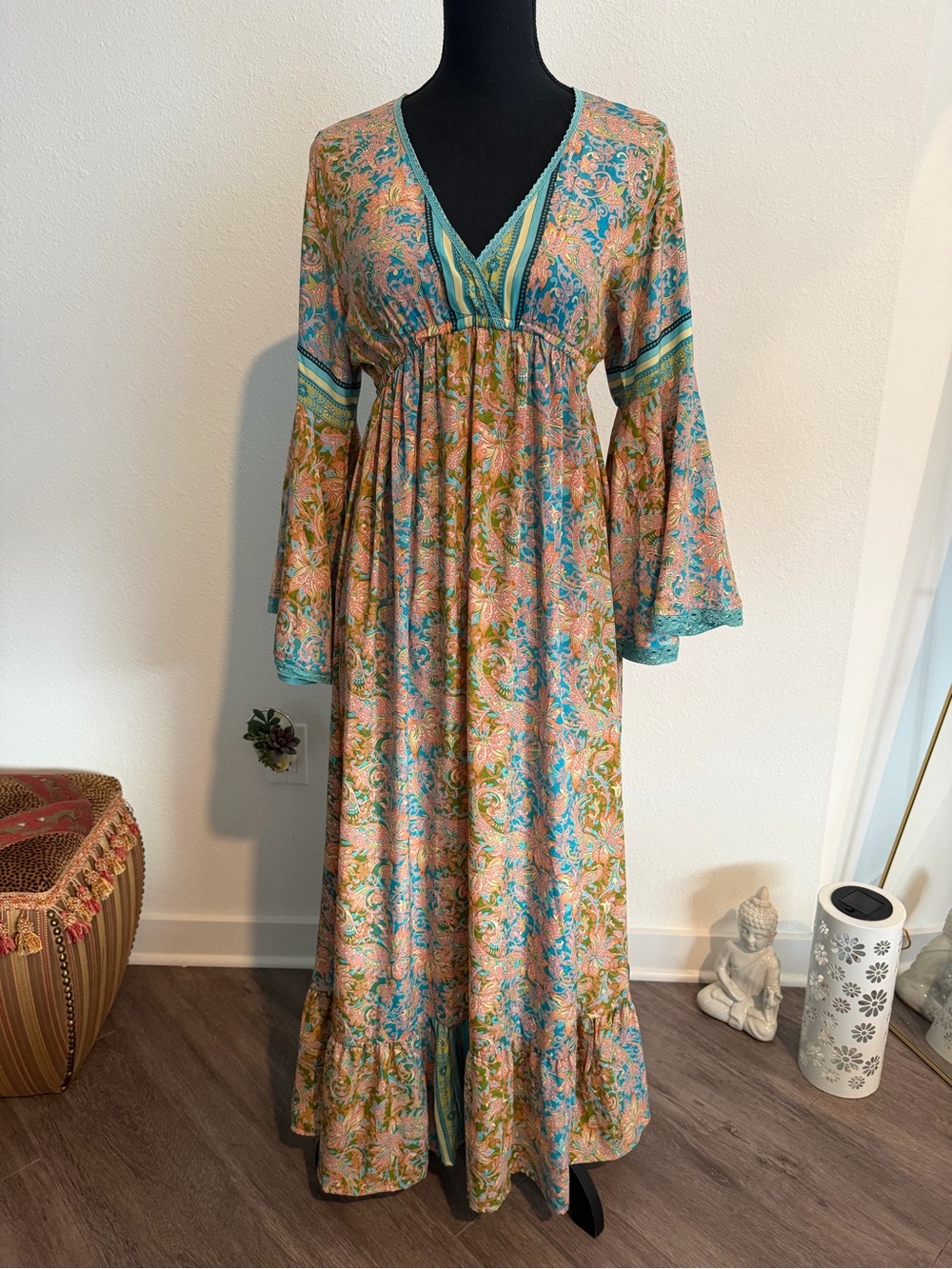 Creme Boheme Boho Maxi Dress Silk Blend Turquoise Pink Floral Bell Sleeves